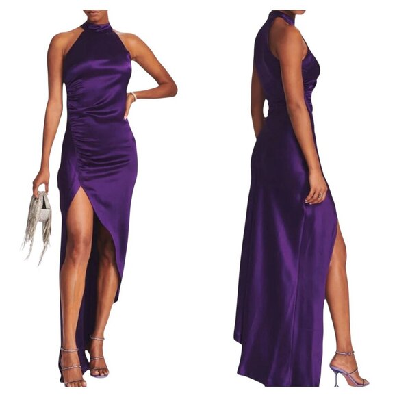 Retrofête SAB Purple Satin High Neck Dress Small NWT Ruched Slit Gown Formal - Picture 1 of 9